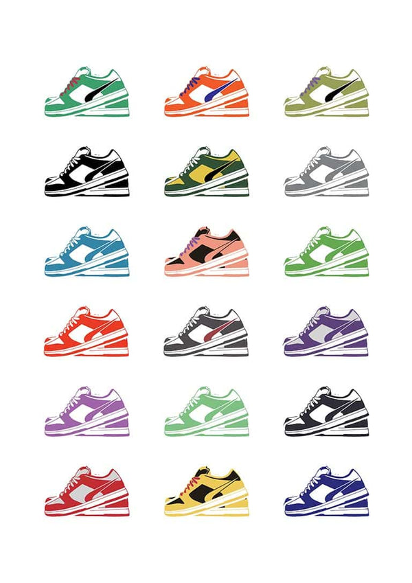Colorful sneaker illustrations arranged in a grid, showcasing shoe designs for Just Shoe It by Danii Steinfeldt.
