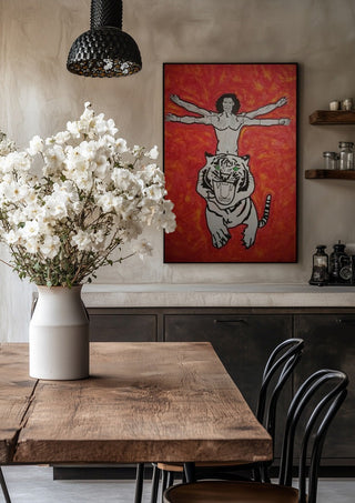Es gibt dich zweimal by Olaf Baier in a black frame above a rustic table with white flowers