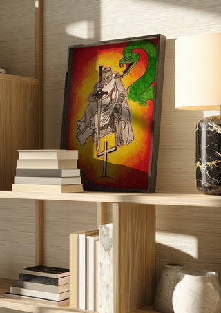 Sieg im Licht by Olaf Baier in a dark frame on a wooden shelf beside books and a lamp