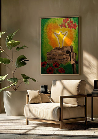 Die Wiederauferstehung by Olaf Baier framed above a beige armchair beside a potted plant