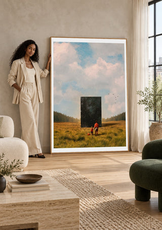 Son, this is the Universe by Fran Rodriguez in a large pale frame leaning against a wall by a sunlit window