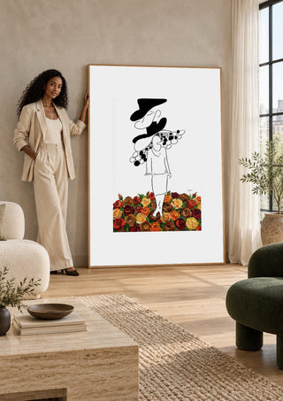 The weight of the world by Madame Petit in a large pale frame leaning against a wall by a sunlit window