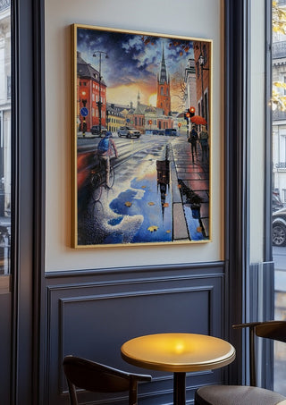Stockholms promenad by Ramz Gadzh in an oak frame on a panelled café wall