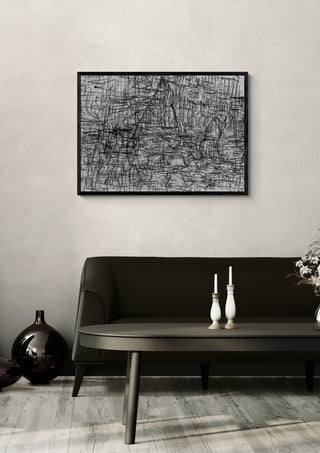 Sirius 3 by Priit Ruttas in a black frame above a dark sofa with candlesticks