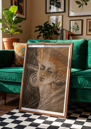 the strings of my soul by Mariia Nikolina in a wooden frame leaning against a green velvet sofa on a chequered floor