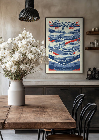 Toyota Supra Lineage by Kaminarirace in a black frame above a rustic table with white flowers