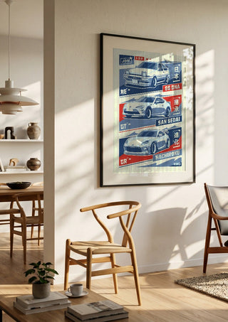 Toyota 86 Trilogy by Kaminarirace in a black frame in a bright dining room with wooden chairs