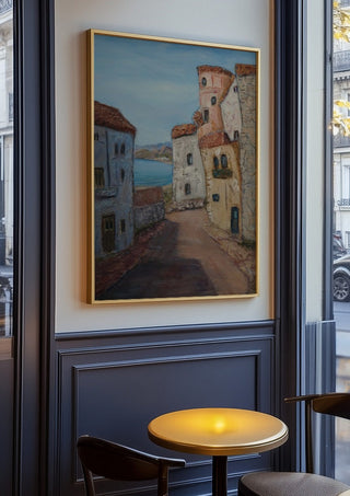 Village Street view, La Azohía, Cartagena, Spain by PaKart in an oak frame on a panelled cafe wall