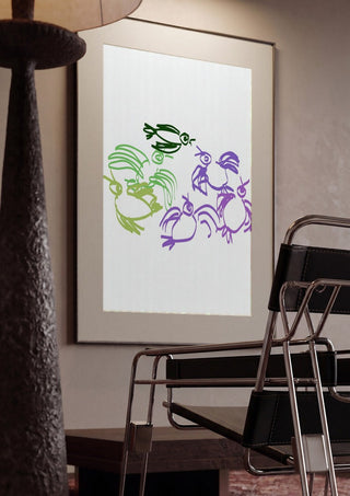 Birds in Green and Purple by Eva Hartman framed in a dim room beside a tubular steel chair