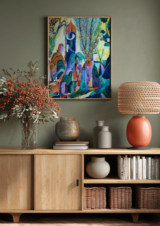 Otono by Carlos Enrique Gozalo Ara above a wooden sideboard on a sage green wall