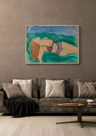 Diva by Carmen Coduri in a pale wooden frame above a grey sofa with cushions
