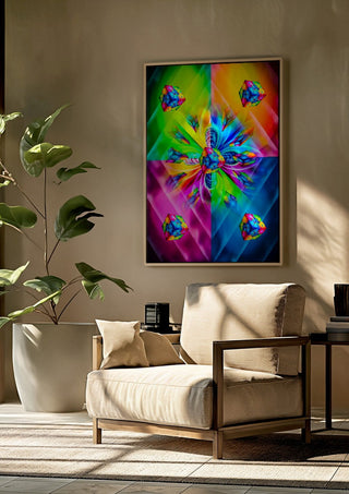 Game of Dice - Dreams Come True by Walter Zettl framed above a beige armchair beside a potted plant