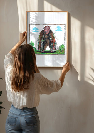 Ape with Books by Waldemar Mandzel being hung on a sunlit wall