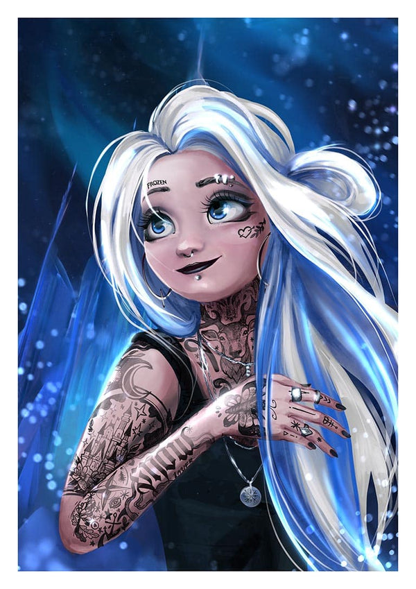 Illustration of Hot Elsa with tattoos and piercings, featuring long blue and white hair against an icy background.