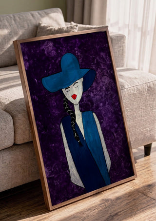 The Midnight Silhouette by Bibi in a walnut frame leaning against a grey sofa