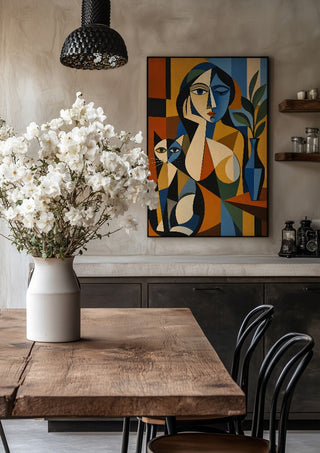 Cubist Woman with Cat and Vase by TimlessArtworks in a black frame above a rustic table with white flowers