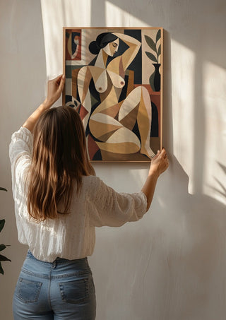 Cubist Nude Figure by TimlessArtworks being hung on a sunlit wall