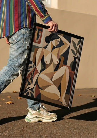 Cubist Nude Figure by TimlessArtworks carried in a black frame along a sunny street