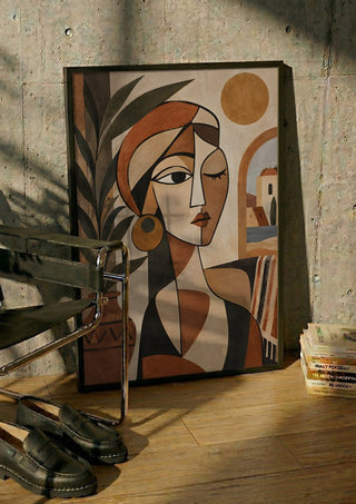 Mediterranean Cubist Woman by TimlessArtworks in a black frame leaning against a concrete wall by a steel chair