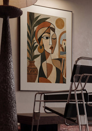 Mediterranean Cubist Woman by TimlessArtworks framed in a dim room beside a tubular steel chair