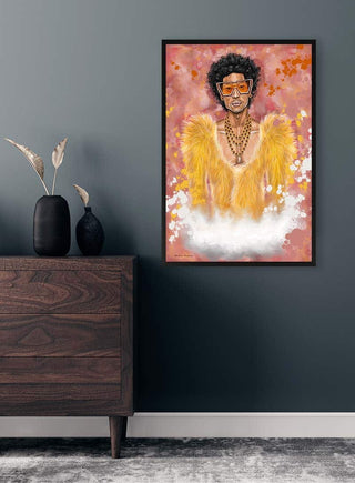 Framed "Love me like you do" by Martina Karlsson displayed on a dark wall above a wooden dresser.