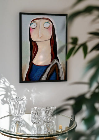 Mona Lisa by lacaluna in a black frame above a glass table with crystal glassware