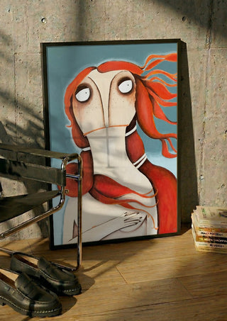 Die Venus by lacaluna in a black frame leaning against a concrete wall by a steel chair