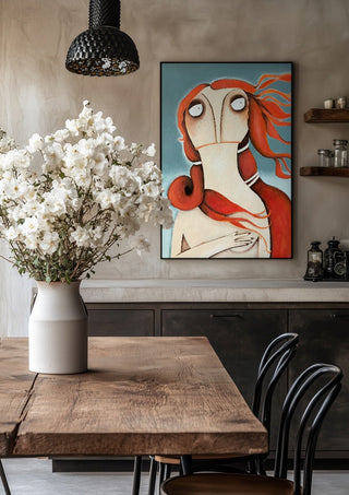 Die Venus by lacaluna in a black frame above a rustic table with white flowers