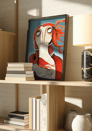 Die Venus by lacaluna in a dark frame on a wooden shelf beside books and a lamp