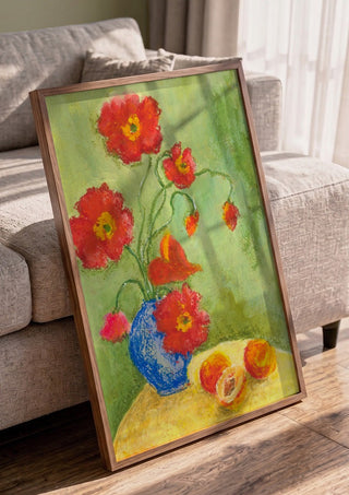 Poppies by Deblina Dey in a walnut frame leaning against a grey sofa