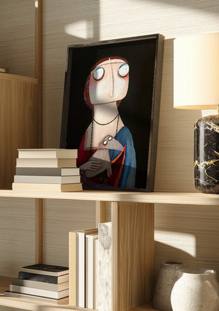 Die Dame mit dem Hermelin by lacaluna in a dark frame on a wooden shelf beside books and a lamp
