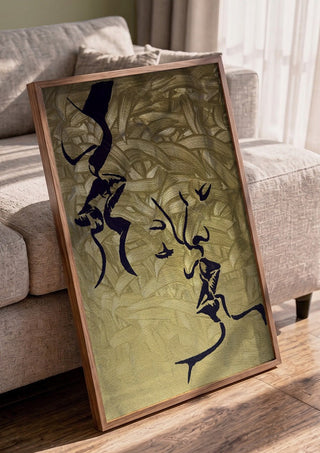 Whispers in Gold by Bibi in a walnut frame leaning against a grey sofa