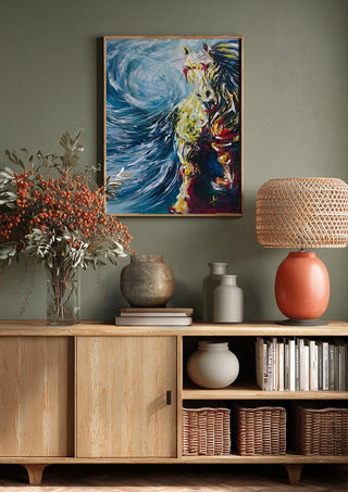 Undefined feeling by Tonia above a wooden sideboard on a sage green wall