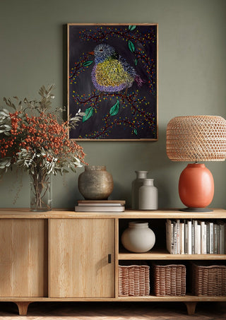 Digital Alchemy by Bibi above a wooden sideboard on a sage green wall