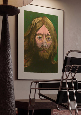 Lennon by Ian Frederick Harris framed in a dim room beside a tubular steel chair
