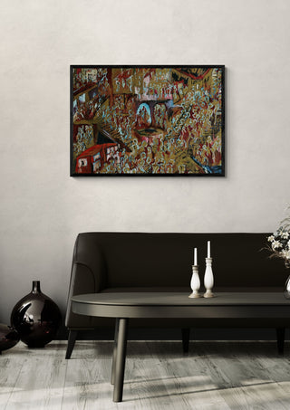 New Thing From London Town by Will Black in a black frame above a dark sofa with white candlesticks