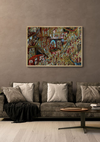 New Thing From London Town by Will Black in an oak frame above a grey sofa with cushions