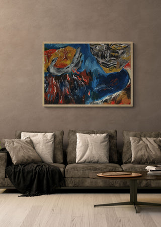 Tears of Gaia by Will Black in an oak frame above a grey sofa with cushions