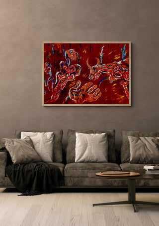 Blood Mutation by Will Black in an oak frame above a grey sofa with cushions