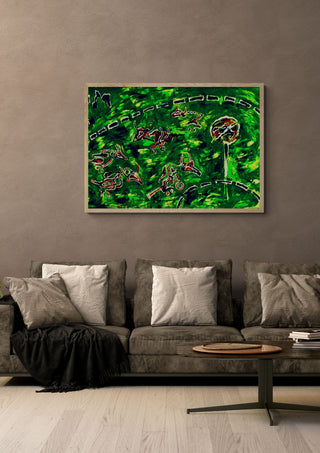 Racing Mutants by Will Black in an oak frame above a grey sofa with cushions