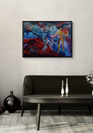 Valley of Angels by Will Black in a black frame above a dark sofa with white candlesticks