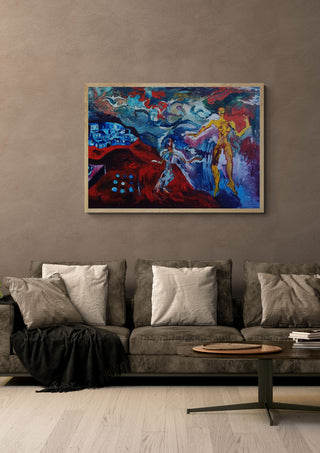 Valley of Angels by Will Black in an oak frame above a grey sofa with cushions
