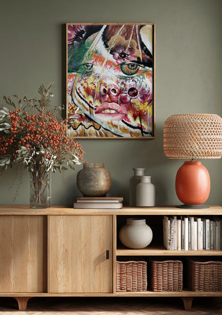 Butterfly Dream by Okiana above a wooden sideboard on a sage green wall