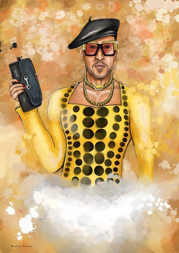 Stylish person in yellow polka dot outfit and beret holding a clutch, from "I would die for You" by Martina Karlsson.
