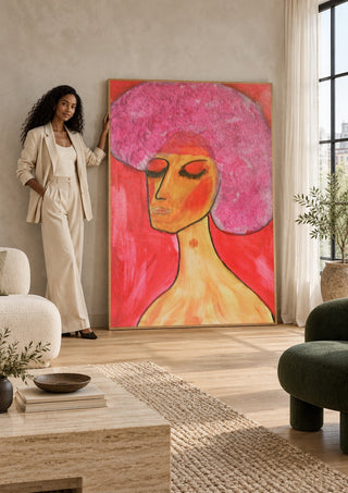 woman with a birthmark by Ian Frederick Harris leaning against a sunlit living room wall beside a woman