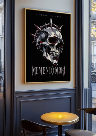Memento Mori by Melancholy Machinations in an oak frame on a panelled café wall