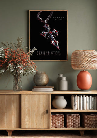 Sacred Steel by Melancholy Machinations above a wooden sideboard on a sage green wall