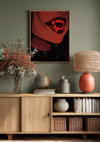 Let me taste you by Melancholy Machinations above a wooden sideboard on a sage green wall