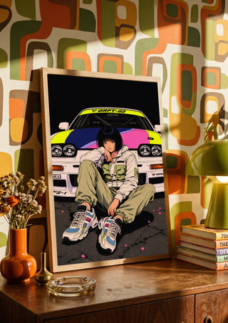 Drift Division by Melancholy Machinations leaning on a wooden sideboard against retro patterned wallpaper