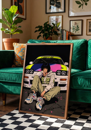 Drift Division by Melancholy Machinations leaning against a green velvet sofa on a chequered floor